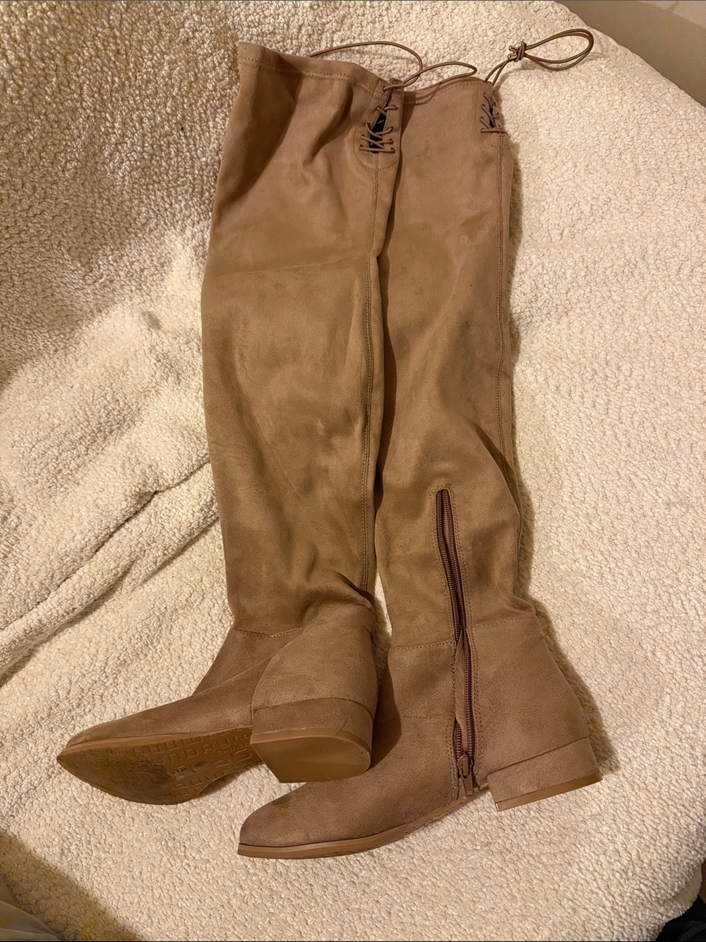 Chinese Laundry Taupe/Tan Over-the-Knee Lace-Back Suede Boots